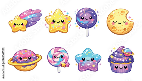 Star, lollipop, moon cookie and space sweets on background