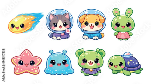 Meteor, astronaut cat and dog, aliens and turtle on background