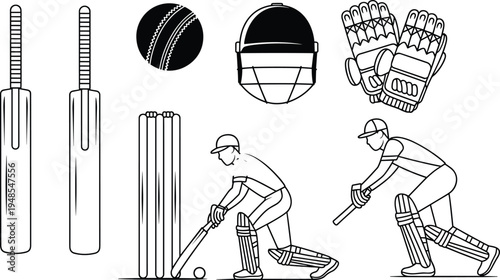 Line of cricket equipment including bats, wicket, ball, helmet, and gloves with players line cricket