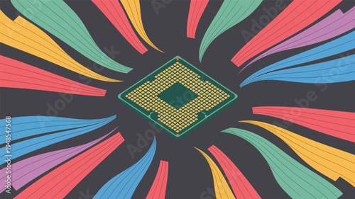 Green computer processor chip with colorful abstract lines radiating outwards, computer chip 