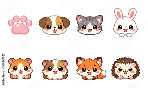 Animal faces and small pet icons arranged on dark backdrop