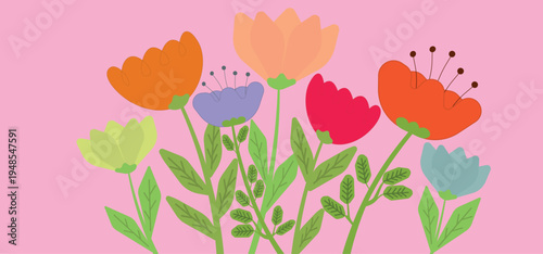 Horizontal Floral Border with Colorful Stylized Wildflowers. Vibrant Meadow Flowers Illustration for Headers, Web Design, Fabric Print, and Decorative Seamless Pattern Elements.