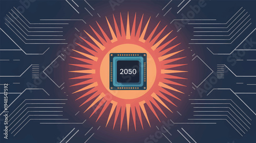 Central processor chip with radiating orange and yellow sunburst and circuit board lines, microchip