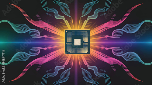 Central processing unit with colorful radiating lines and abstract waves, a processor microchip