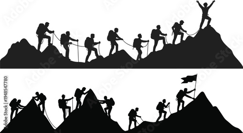 Silhouettes of climbers ascending a mountain peak with trekking poles and backpacks celebrating success at the summit in a dramatic mountain landscape