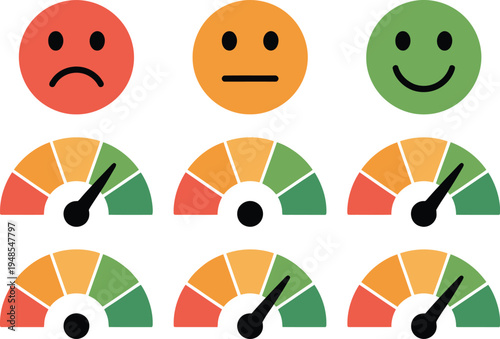Collection of six emoticons and gauge meters displaying different expressions and levels