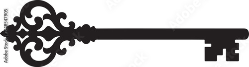 Skeleton key with ornate bow and long stem silhouette vector