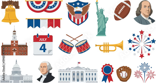 Essential patriotic American symbols, famous landmarks, and historical figures, celebrating the nation's rich history.