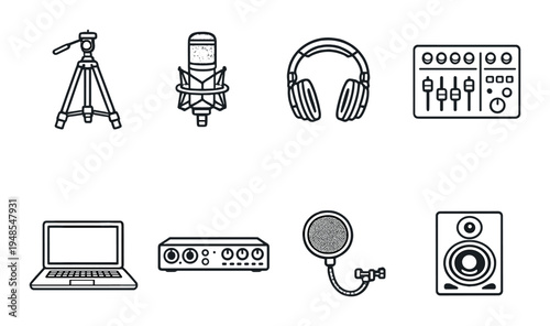 Audio recording equipment icons arranged in grid on dark background