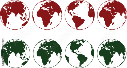 Set of eight stylized globe icons with alternating white and green backgrounds