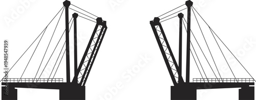 Two symmetrical cable-stayed bridges in silhouette with open drawbridge sections against a white background