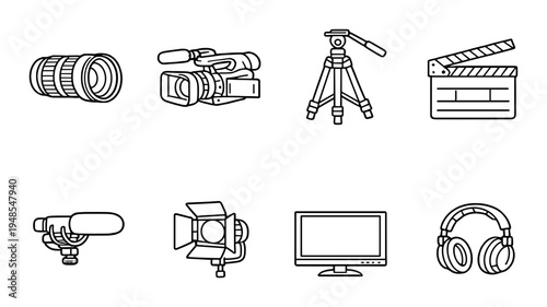 Video production equipment icons arranged on dark background