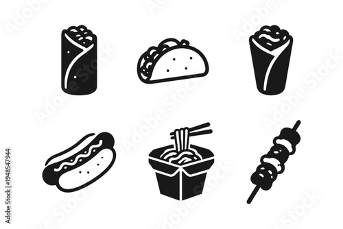 Fast Food Icon Set for Street Food, Restaurant, Catering Branding Solid Black Icon Vector Illustration