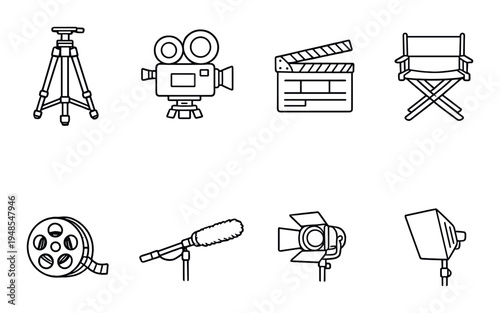 Film production equipment icons arranged in grid on dark background