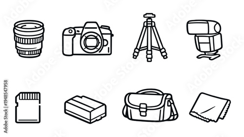 Photographic gear icons arranged on neutral gray background