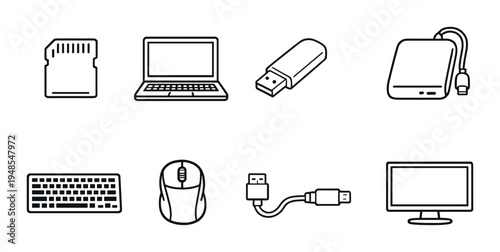 Computer peripherals icons in grid on dark background