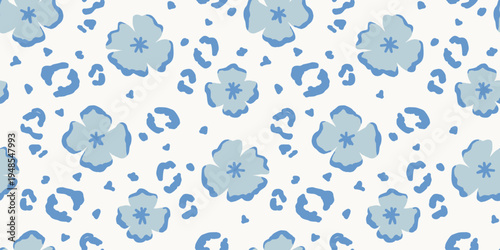 Blue floral leopard print seamless pattern, hibiscus flower camouflage texture for trendy fashion and wallpaper
