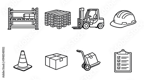 Warehouse equipment and safety icons in industrial setting