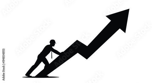 Businessman pushing growth chart arrow upwards, symbolizing success and progress in career or business, on white background