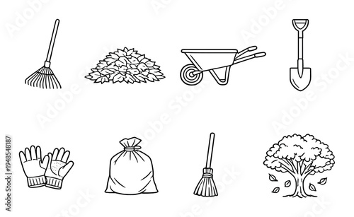 Garden tools and leaf pile arranged on dark background