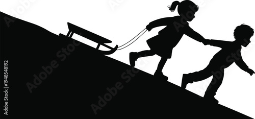 Silhouettes of two children pulling a sled uphill on a snowy slope in a winter scene