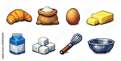 Baking ingredients and tools arranged on plain background