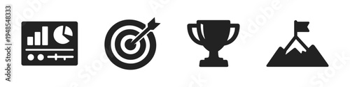 Success, Goals, Achievement, Business Growth, Solid Black Icon Set Vector Illustration