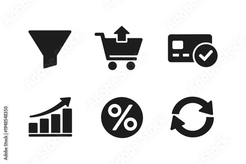 E-commerce, Sales Funnel, Payment, Growth, Conversion, Solid Black Icon Set Vector Illustration