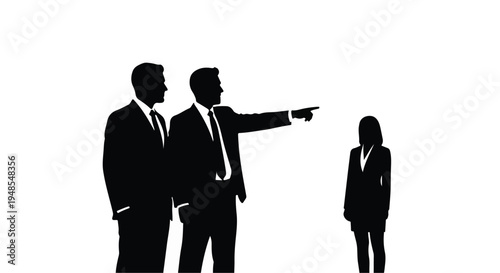 Two businessmen in black suits pointing at a woman in a business setting with white background