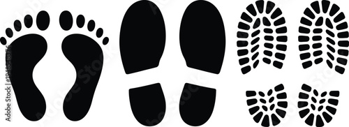 Collection of black and white footprints showing different styles and patterns