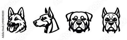 Four stylized dog head logos in a horizontal row on gray background