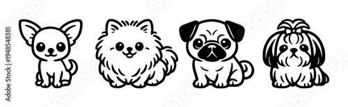 Four cartoon small dogs sitting in a horizontal row on gray background