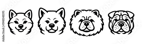 Four smiling dog faces in a horizontal row on gray background