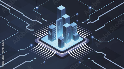 Isometric digital city on a circuit board with glowing lines of technology data