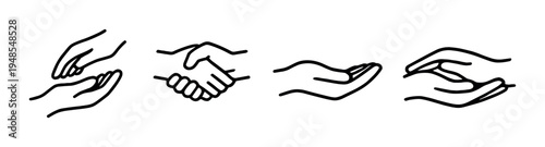Hand gesture icons showing giving handshake open palm cupped on dark