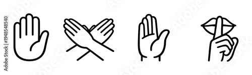 Hand gesture icons showing raised stop crossed palms and shush on dark