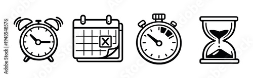 Alarm clock calendar stopwatch and hourglass icons on gray background