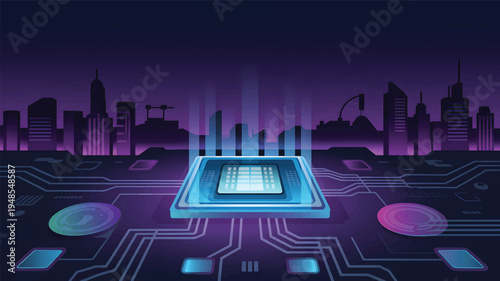 Futuristic glowing CPU chip on a circuit board with a city skyline technology processor