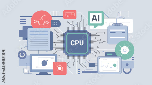 Central processing unit with surrounding technology and an AI symbol microchip