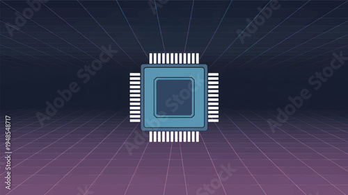 Blue computer chip on a retro grid background, processor microchip technology