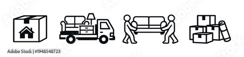 Moving and relocation icons showing boxes truck and furniture on dark
