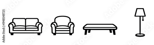 Sofa armchair bench and floor lamp icons on dark studio background