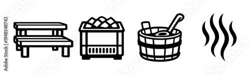 Sauna bench with heater stones, bucket and rising steam in sauna