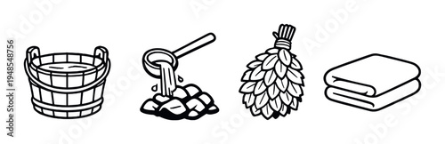 Wooden bucket with ladle pouring water, birch whisk and towel in sauna