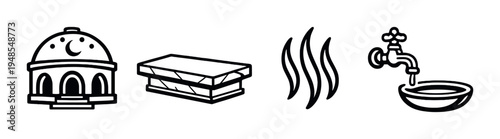 Bathhouse and steam icons with tap and bench on dark background