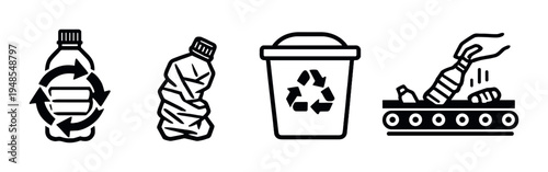 Plastic bottles and recycling icons with sorting conveyor