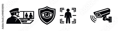 Security monitoring icons with guard shield and cctv unit