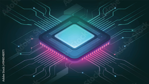 Central processing unit with glowing circuit board connections and lights, processor microchip