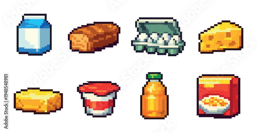 Milk, bread and dairy breakfast items arranged on neutral background