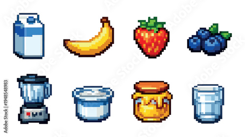 Food and drink icons arranged in two rows on gray background